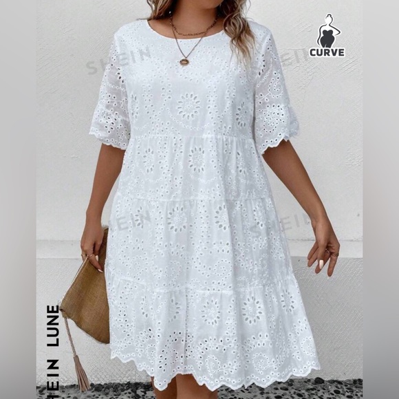 SHEIN LUNE Plus Eyelet Embroidery Ruffle Hem Smock Dress - Picture 7 of 10